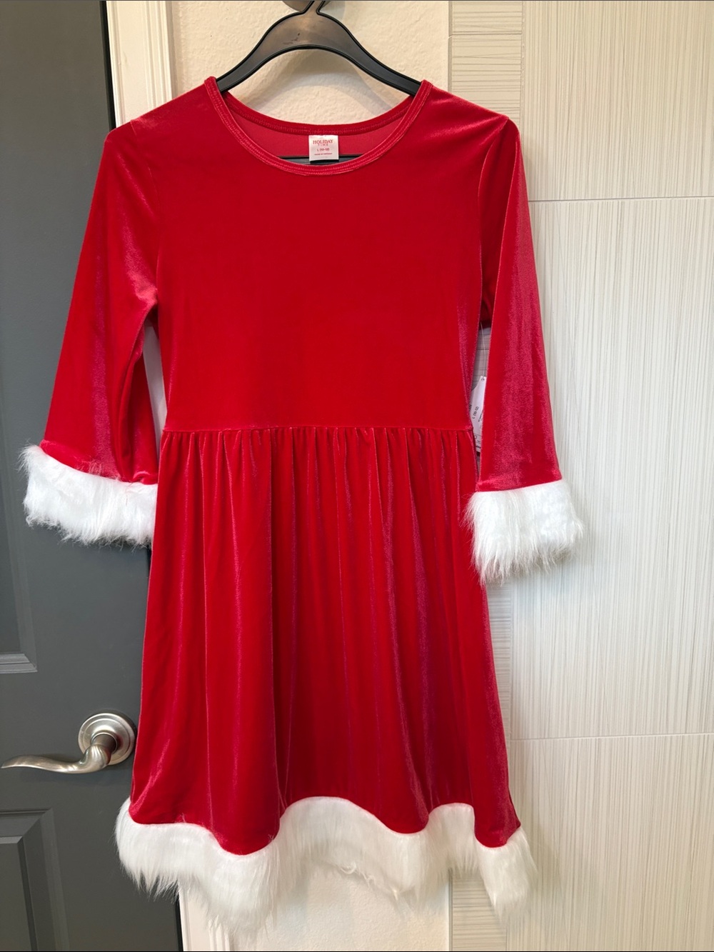NWT Holiday TimE, Red Velvet Holiday Dress with White Faux Fur Trim (size 10-12)